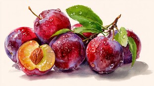 新鲜欲滴的紫李与绿叶