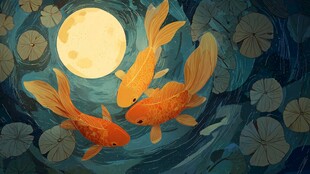 月夜池中游弋的灵动金鱼