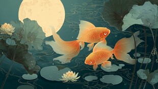 月夜荷塘金鱼嬉戏图