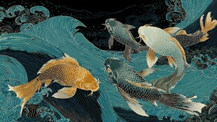 锦鲤游于海浪间的图景