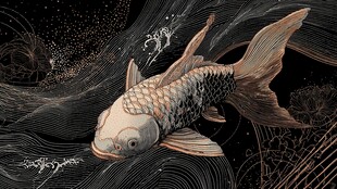 水墨风锦鲤畅游于波涛间