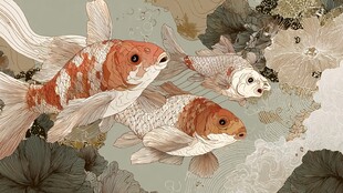 锦鲤畅游于水墨荷花间