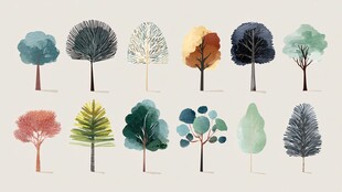 多彩水彩树木插画集合