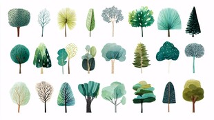 多样清新风格树木插画集合