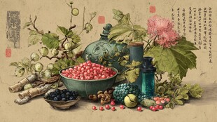 中式古典药草鲜果静物图