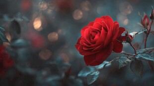 娇艳红玫瑰绽放于幽境