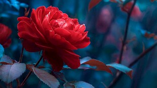 娇艳红玫瑰绽放于幽境