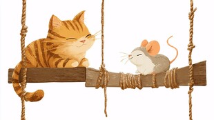 猫鼠同栖于木枝上