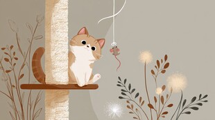 猫咪玩逗鼠玩具的温馨场景