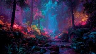 梦幻霓虹森林溪流景观