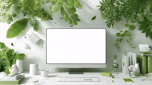 绿植环绕的清新办公桌面