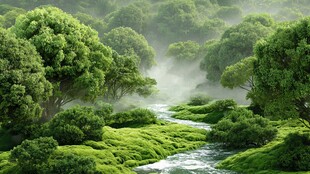 山林间的潺潺溪流与绿意