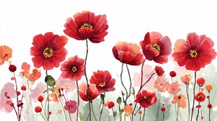 水彩绘就的艳丽虞美人花丛