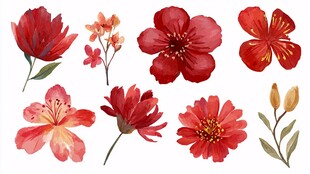 红色系水彩花卉插画集合