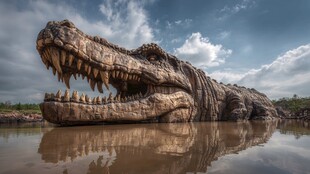 巨型鳄鱼雕塑屹立于水域