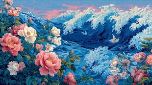 海浪与繁花的梦幻景象