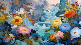 梦幻中式花卉山水景观