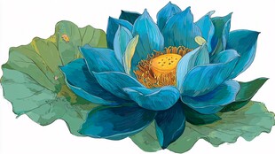 蓝色手绘莲花与莲叶