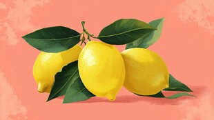 三颗鲜柠檬配翠绿叶片