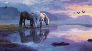 湖畔双马的静谧黄昏