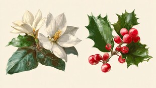 玉兰花与冬青果插画