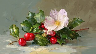 静物花卉 白玫与红果