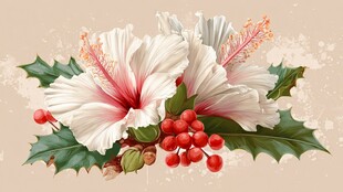 复古风白槿花与红果插画