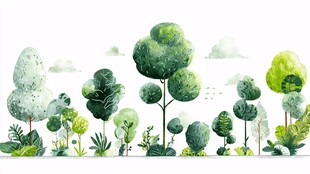 清新手绘风绿色树木景观