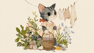 猫咪洗衣忙 花草相伴间