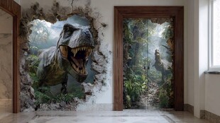 破墙而出的霸气恐龙场景