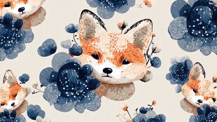 狐狸花卉图案的唯美插画