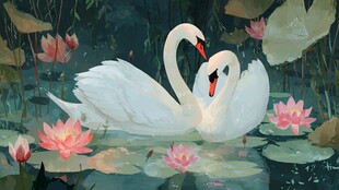 湖畔双天鹅与睡莲之景