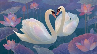 双天鹅于荷花间浪漫相依