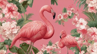 粉红火烈鸟与花卉热带图景