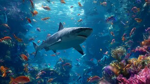 鲨鱼悠游于缤纷海底世界