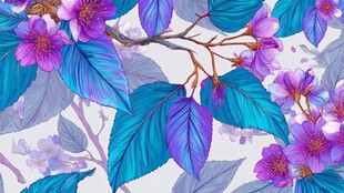 梦幻蓝紫花卉枝叶图案