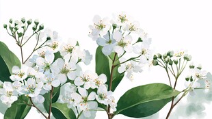 白色花卉绿叶清新插画