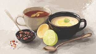 两杯热饮与清新柠檬等配料