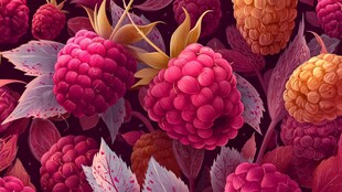 饱满树莓与多彩叶片特写