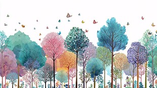 梦幻多彩森林与飞舞蝴蝶