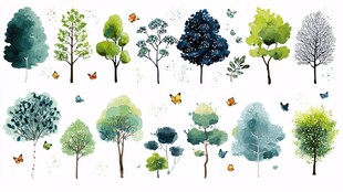 水彩风格多样树木插画