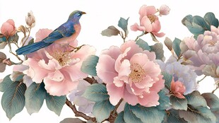 花鸟绘景 雀栖繁花枝头