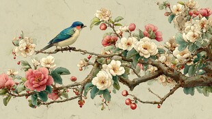 枝头飞鸟伴繁花