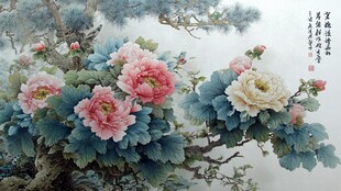 国画牡丹图 繁花映松枝