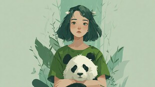 女孩怀抱熊猫的清新插画