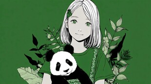 女孩与熊猫的绿色奇幻画面