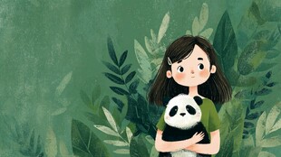 女孩怀抱熊猫于绿植间