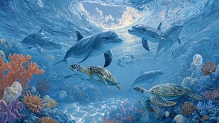 海底世界 海豚海龟共舞