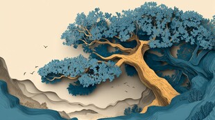 梦幻蓝树山水剪纸风插画