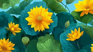 夏日金莲花叶繁茂景象